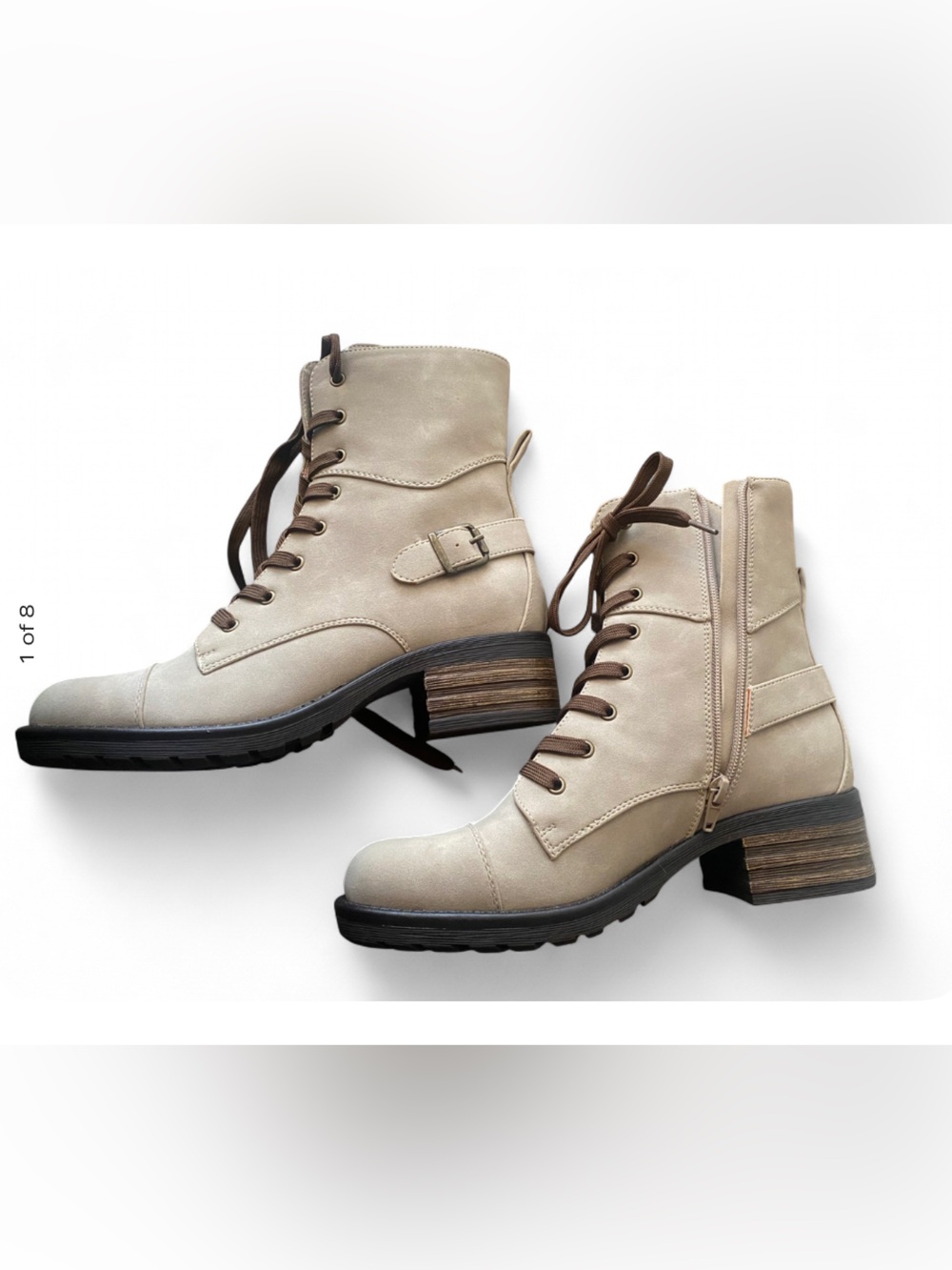 Indigo Rd. Light Beige/Gray Lace-Up Ankle Boots with Side Zip and buckle